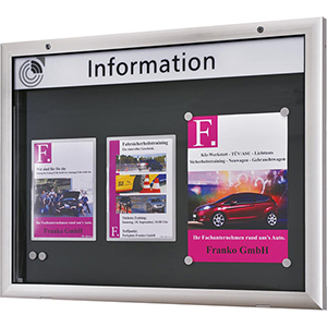 Flachschaukasten, BxTxH 800x43x1025 mm, DIN A1 hoch, Aluprofile, ESG-Glas, Rückwand blau, inkl. 10 Magnete + 1 Einstecktasche