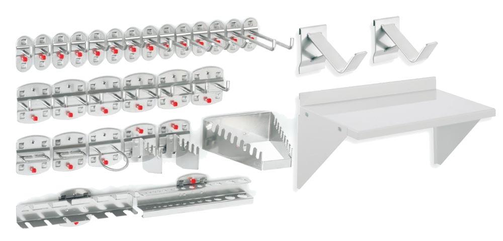 Bestückungssortiment für Systemeinheit Hakensortiment 28-tlg., Fachboden, Dornträger, div. Kästen