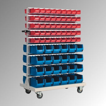 Lagerregal - Rollwagen mit Sichtlagerkästen beidseitig - 84 Kästen - flexibles Stecksystem, robust und kippsicher - 1.450 x 1.010 x 540 mm (HxBxT)