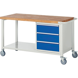 Fahrbare Werkbank, Breite 150 cm, Tiefe 70 cm, Höhe 88 cm, 3 Schublade(n), Platte: Buche-Riegel
