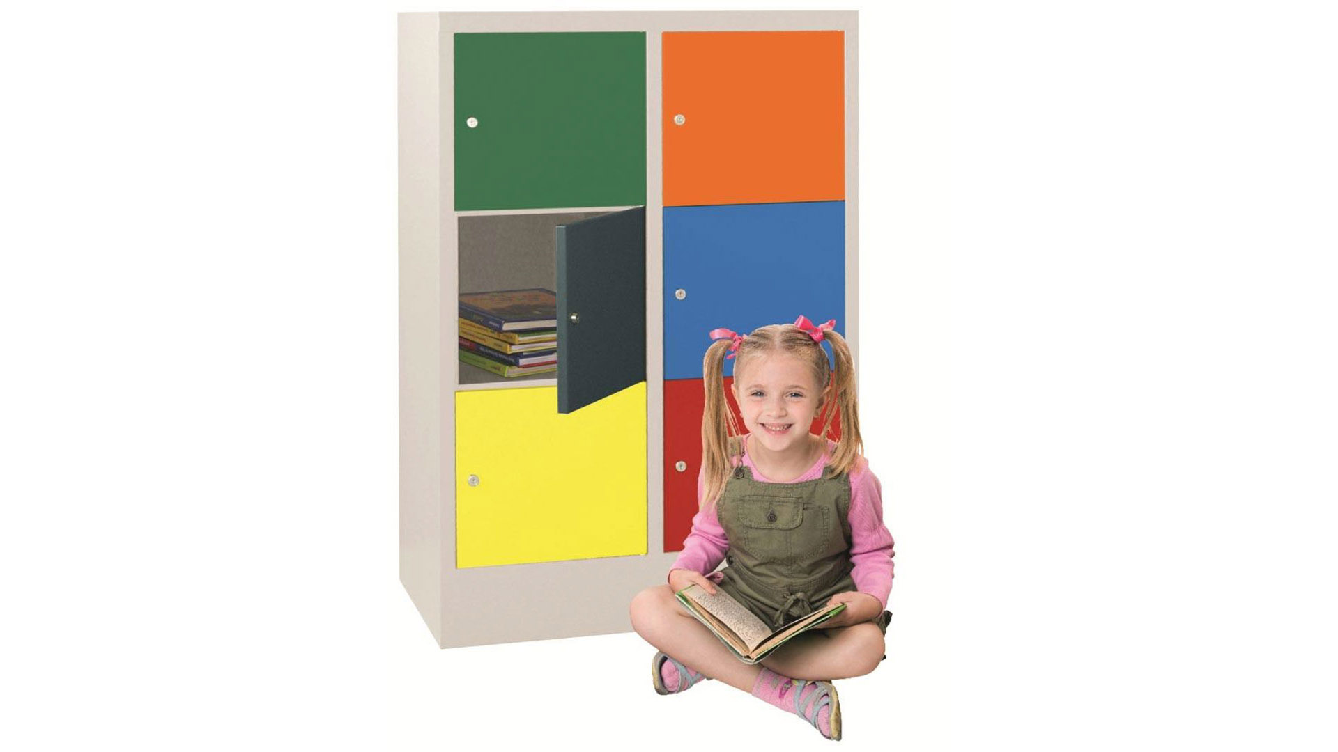 Schulschrank, Kita-Schrank, Breite 80 cm, Höhe 118,7 cm, Tiefe 50 cm, 6 Fächer