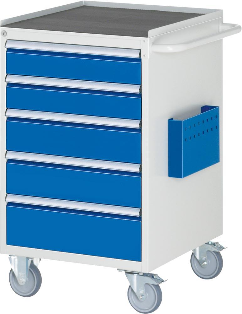 Montagewagen mit Metall Platte,  BxTxH 580x650x975 mm, 5 Schubladen: 2x120/2x150/1x180 mm, RAL 7035/5010