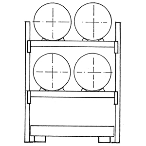 Fassregal, GF, für 4x200 l-Fässer, liegende Lagerung, mit Auffangwanne 285 l, BxTxH 1350x850x2000 mm