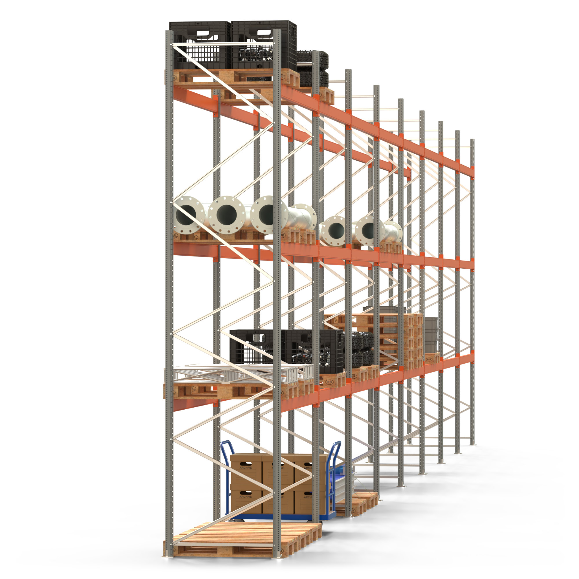 Palettenregal ARTUS - Breite 2236,5 cm - Höhe 500 cm - Tiefe 110 cm - 3 Träger-Ebenen - Fachlast 3000 kg - 96 Palettenstellplätze