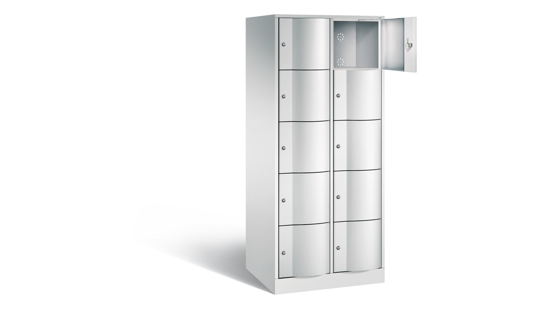 Schließfachschrank, vandalismussicher, Stahl, Zylinderschloss, 10 Fächer (5 x 2), Türfarbe lichtgrau, 1.950 x 770 x 640 mm (HxBxT)