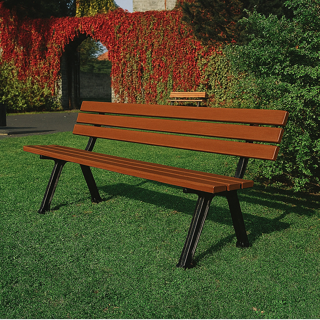 Parkbank  mit Gußeisenfüßen und PVC-Latten aus Stahl/Kunststoff - Breite: 200 cm - Farbe: braun