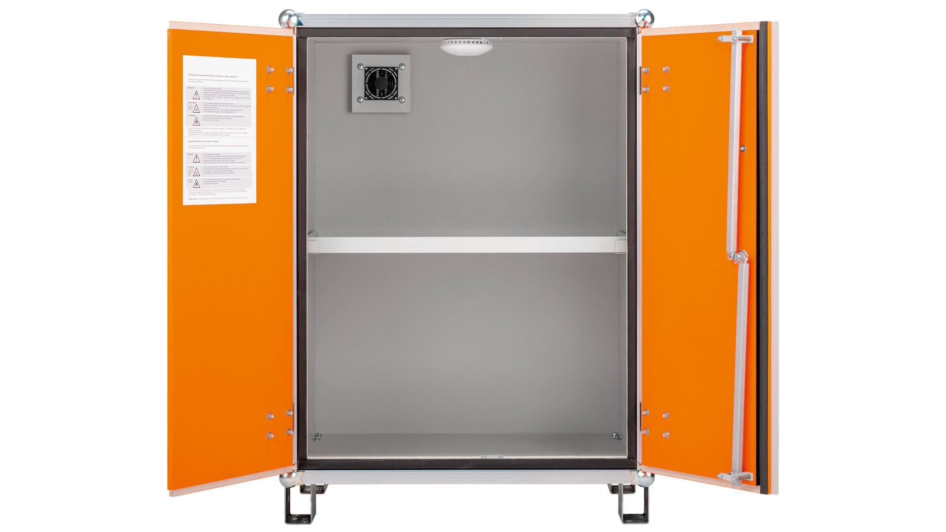 Sicherheitsschrank, Akku-Lagerschrank, Rauchmelder, BxTxH 800x660x1110 mm, Tür orange, mit Stapelfüßen, Korpus grau