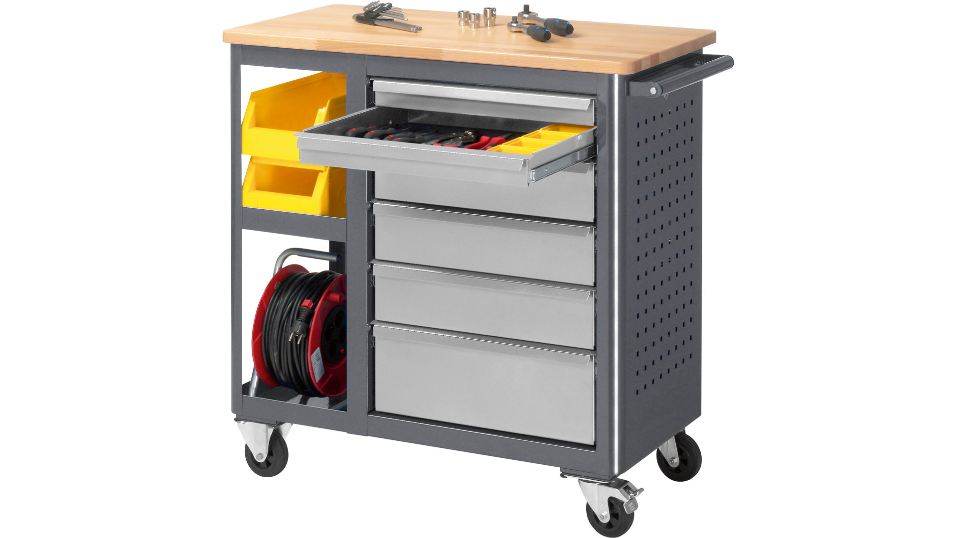 Werkstattwagen, Rollwerkbank mit Bucheplatte, 6 Schubladen: 2x65, 3x125, 1x190 mm, 2 Ablagefächer, BxTxH 960x450x950 mm, RAL 7016/RAL 7035