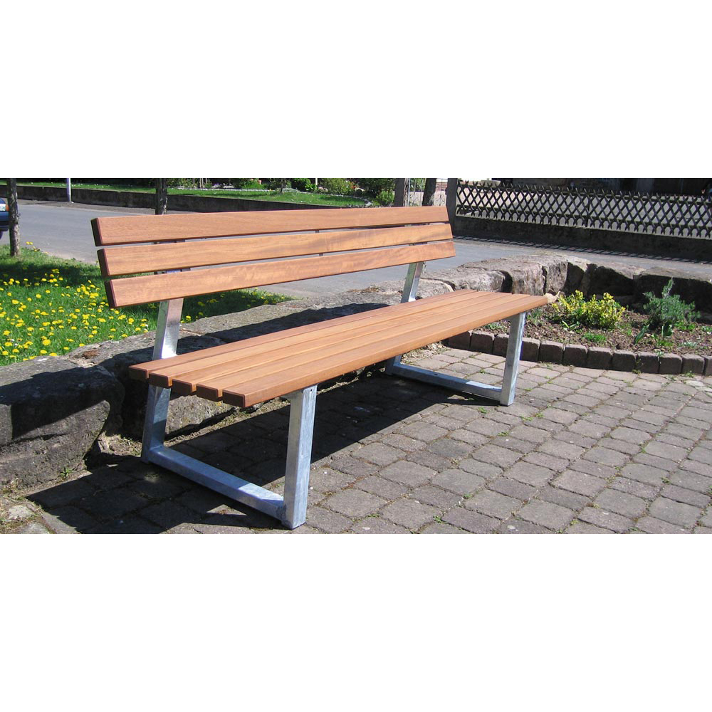 Parkbank mit Rechteck-Stahlrohr-Füssen aus Stahl/Kunststoff - Breite: 200 cm - Farbe: kesseldruckimprägniert und lasiert