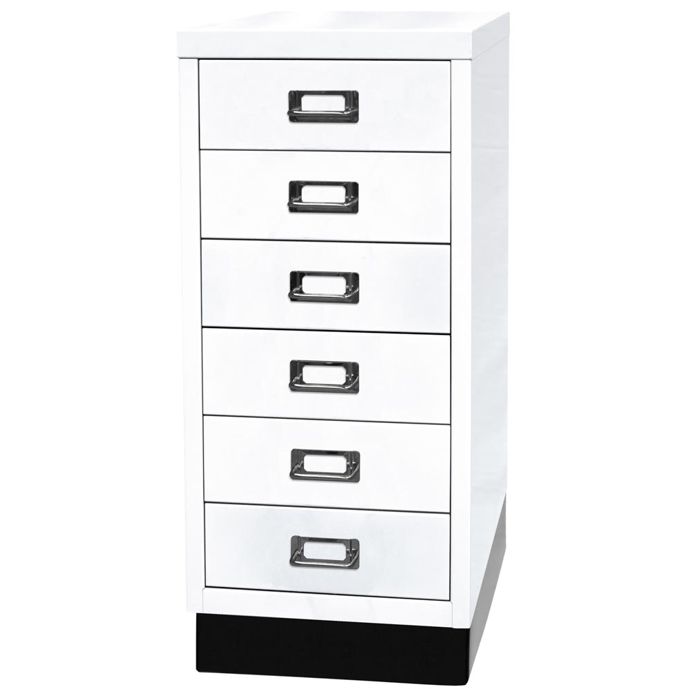 Schubladenschrank aus Stahl, BxTxH 279x380x670 mm, 6 Schubladen 87 mm, DIN A4, Sockel 80 mm hoch, verkehrsweiß