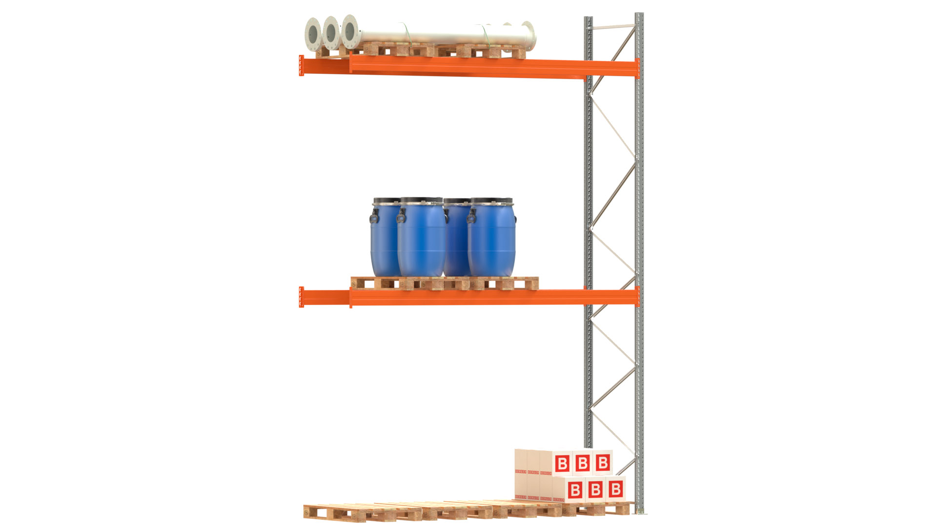 Palettenregal ARTUS - Anbaufeld - Breite 368,5 cm - Höhe 550 cm - Tiefe 110 cm - 2 Träger Ebenen