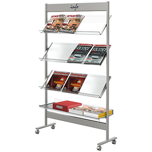Prospektregal aus Stahl, 4 Böden aus Acrylglas für 16 x DIN A4, BxTxH 910x350x1600 mm, fahrbar, alusilber