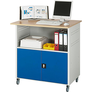 PC Schrank, EDV-Schrank, Buche-Dekor-Platte 25 mm stark,fahrbar, links 1 Fach, rechts 2 Fächer, BxTxH 1100x800x1100 mm, RAL 7035/5010