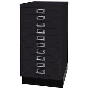 Schubladenschrank aus Stahl, BxTxH 349x432x670 mm, 10 Schubladen 51 mm, DIN A3, Sockel 80 mm hoch, schwarz