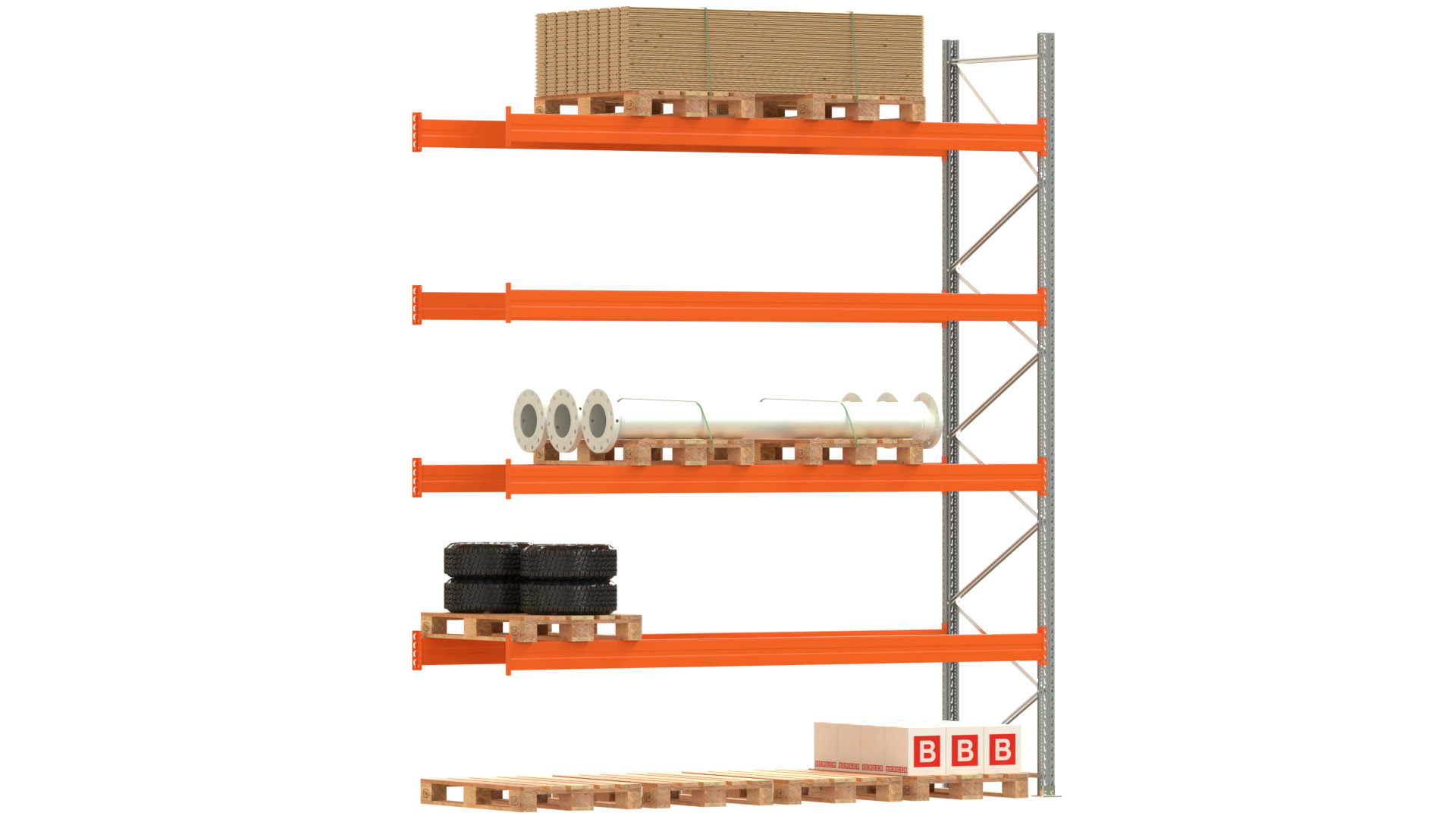 Palettenregal ARTUS - Anbaufeld - Breite 368,5 cm - Höhe 450 cm - Tiefe 110 cm - 4 Träger Ebenen