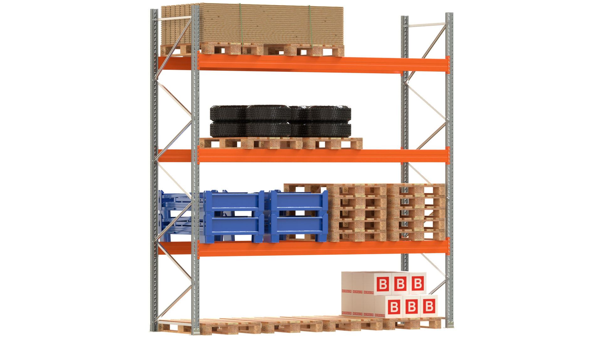 Palettenregal ARTUS - Breite 377 cm - Höhe 400 cm - Tiefe 110 cm - 3 Träger-Ebenen - Fachlast 3000 kg - 16 Palettenstellplätze