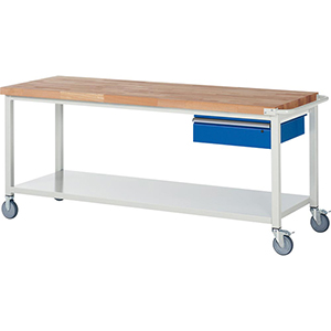 Fahrbare Werkbank, Breite 200 cm, Tiefe 70 cm, Höhe 88 cm, 1 Schublade(n), Platte: Buche-Riegel