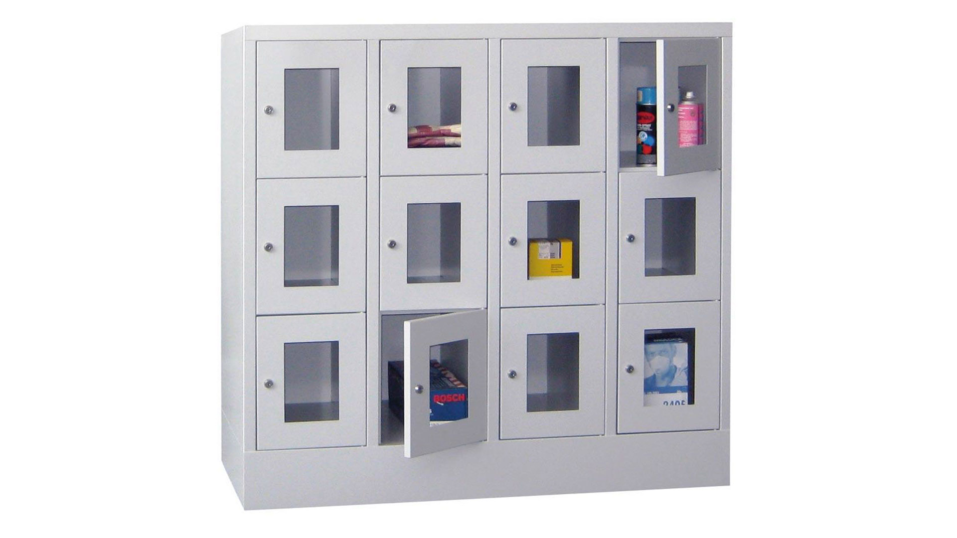 Fächerschränke mit Sichtfenstertüren, Breite 120 cm, Höhe 118,7 cm, Tiefe 50 cm, 4x3 Fächer