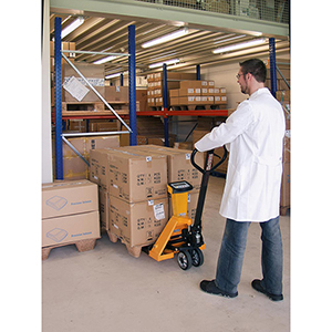 Hubwagen, Handgabelhubwagen mit Waage, Traglast 2000 kg, Gabellänge 1150 mm, Gewichtsanzeige in 1-kg-Schritten, Genauigkeit 99,9 Prozent, Farbe gelb/Schwarz