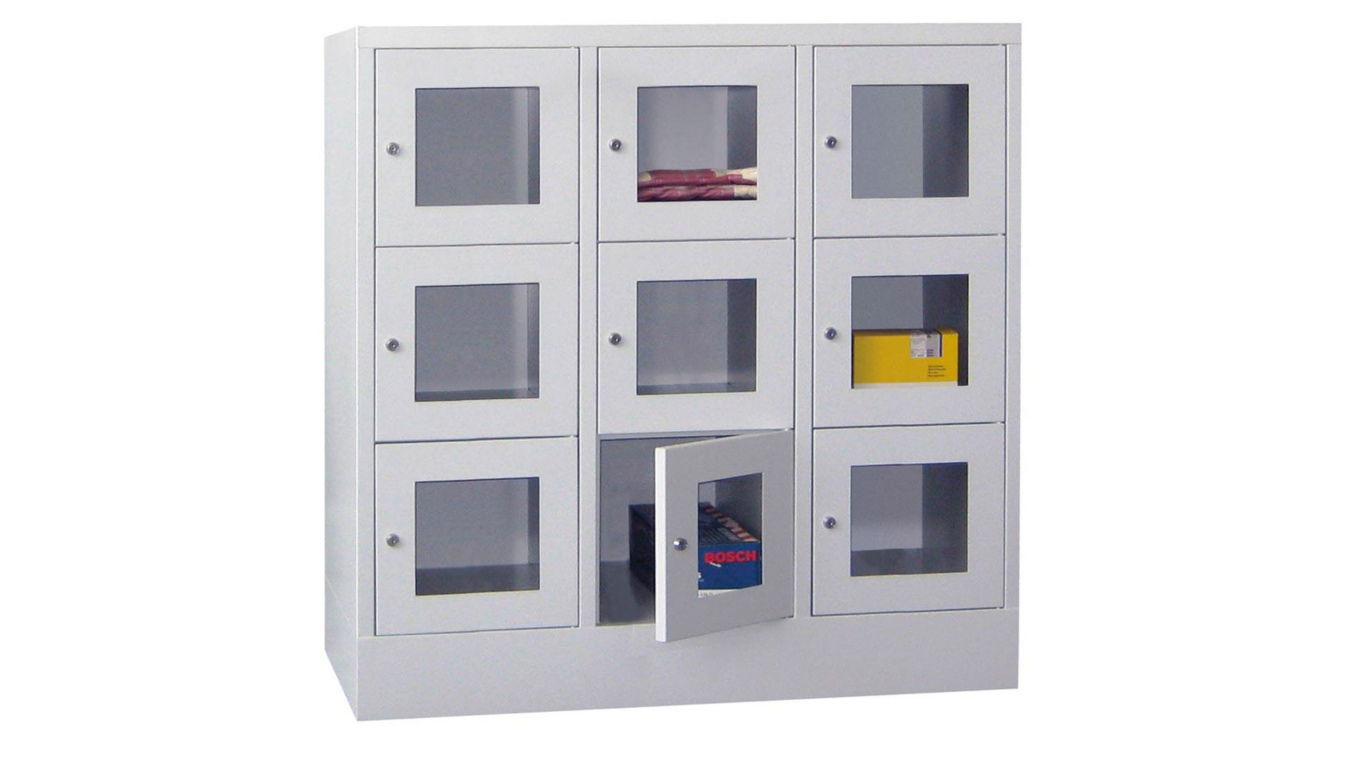 Fächerschränke mit Sichtfenstertüren, Breite 120 cm, Höhe 118,7 cm, Tiefe 50 cm, 3x3 Fächer