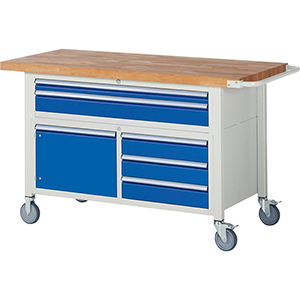 Fahrbare Werkbank, Breite 150 cm, Tiefe 70 cm, Höhe 88 cm, 5 Schublade(n), Platte: Buche-Riegel