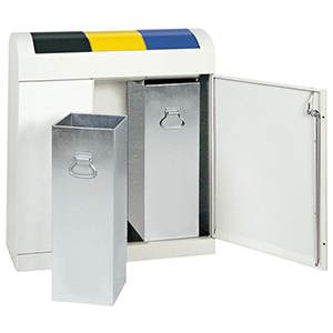 Wertstoffsammelstation, 3x45 Liter, BxTxH 860x320x975 mm, Korpus RAL 7035 lichtgrau, Schwingdeckel blau+gelb+anthrazit
