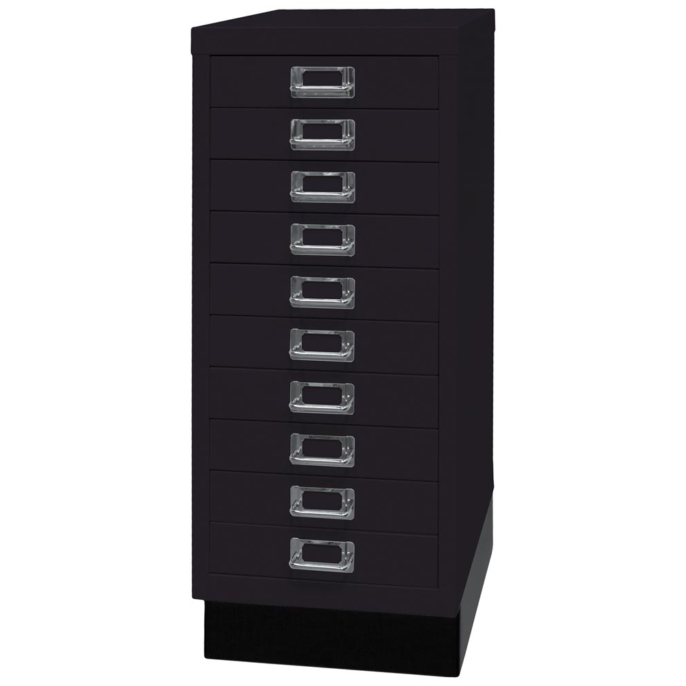 Schubladenschrank aus Stahl, BxTxH 279x380x670 mm, 10 Schubladen 51 mm, DIN A4, Sockel 80 mm hoch, schwarz