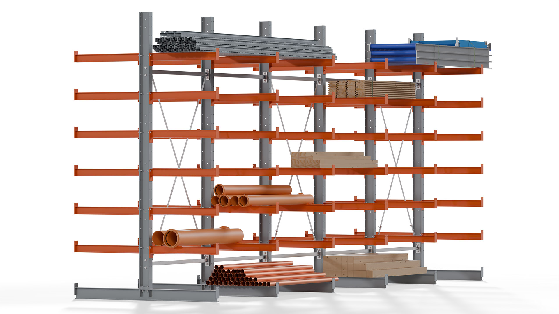 Kragarmregal KARL basic - lackiert - Breite: 640 cm - Höhe: 300 cm - Tiefe: 80 cm - Traglast je Kragarm: 550 kg - beidseitig