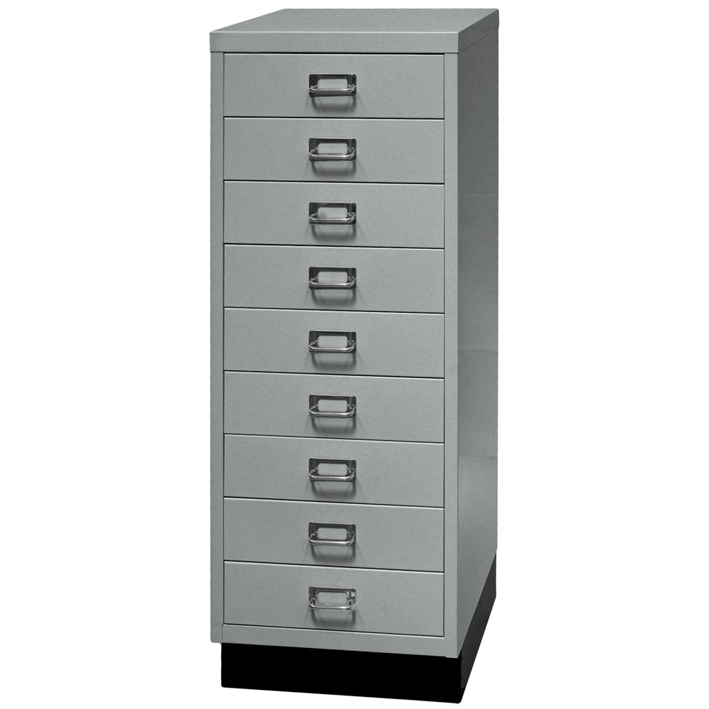 Schubladenschrank aus Stahl, BxTxH 349x432x940 mm, 9 Schubladen 87 mm, DIN A3, Sockel 80 mm hoch, silber