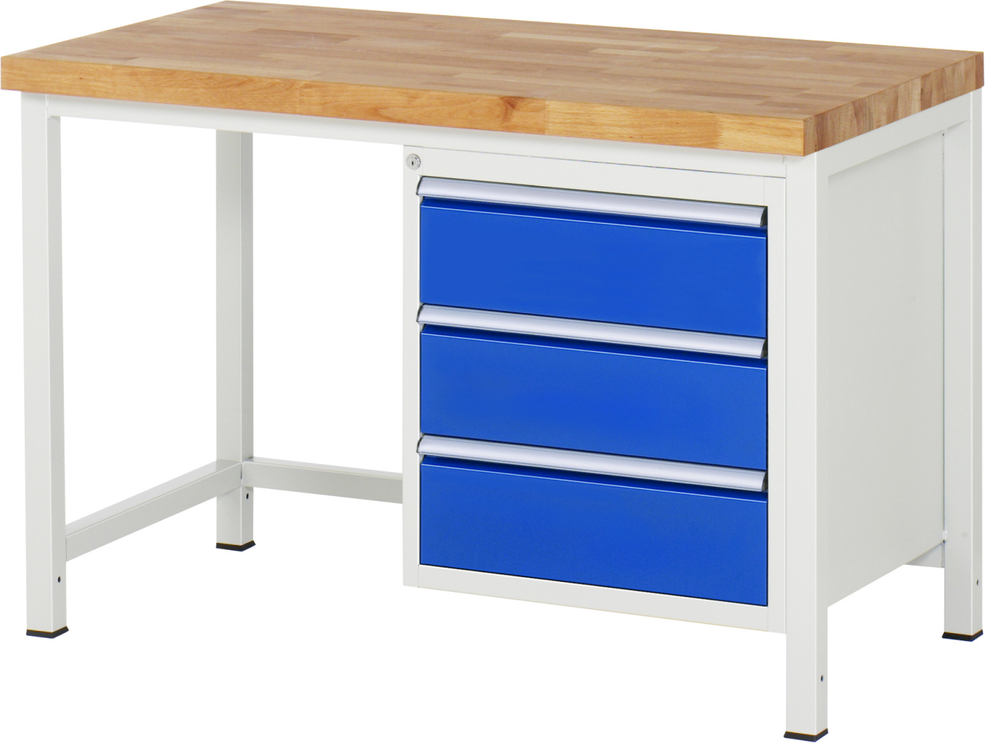 Werkbank Modell 8157,  BxTxH 1250x700x840-1040 mm,  Buche-Massiv Arbeitsplatte 40 mm,  3 Schubladen mit  Vollauszug 100 % und  SoftClosing