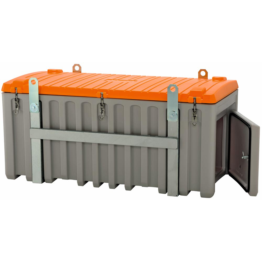 Transportbox - Materialbox - kranbar mit Seitentür, Polyethylen, grau/orange, Volumen 750 l, BxTxH 1700x860x800 mm, Gewicht 76 kg