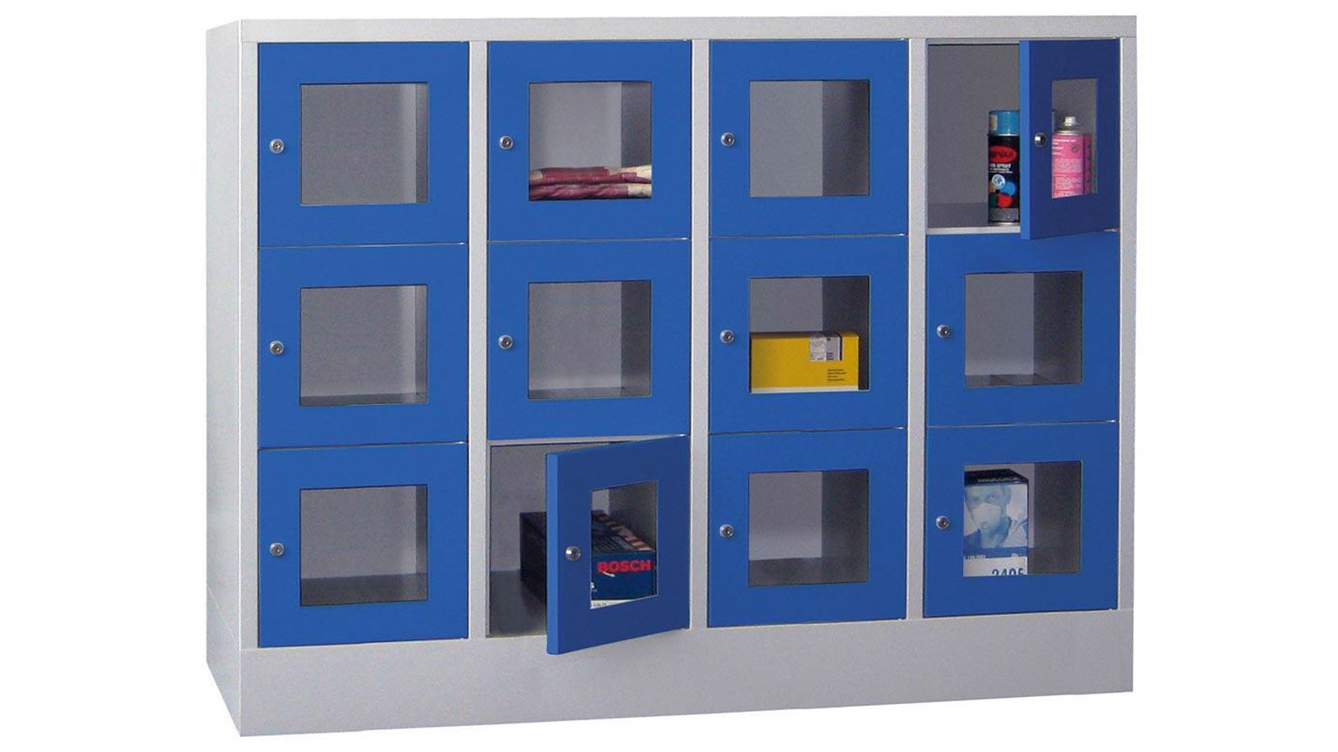 Fächerschränke mit Sichtfenstertüren, Breite 160 cm, Höhe 118,7 cm, Tiefe 50 cm, 4x3 Fächer